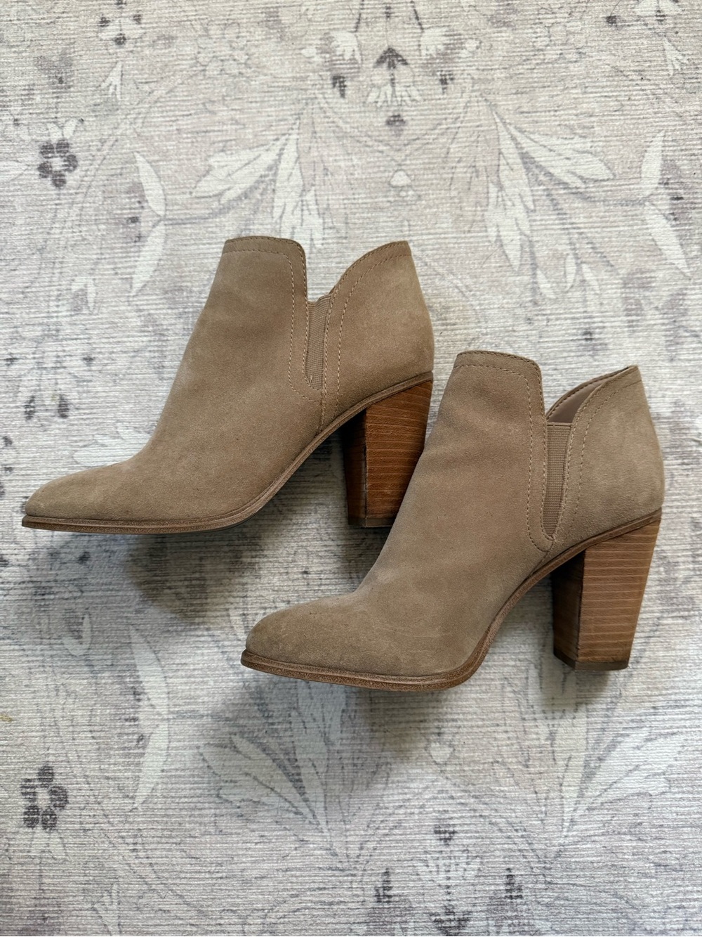 Suede Block Heel Ankle Bootie in Taupe